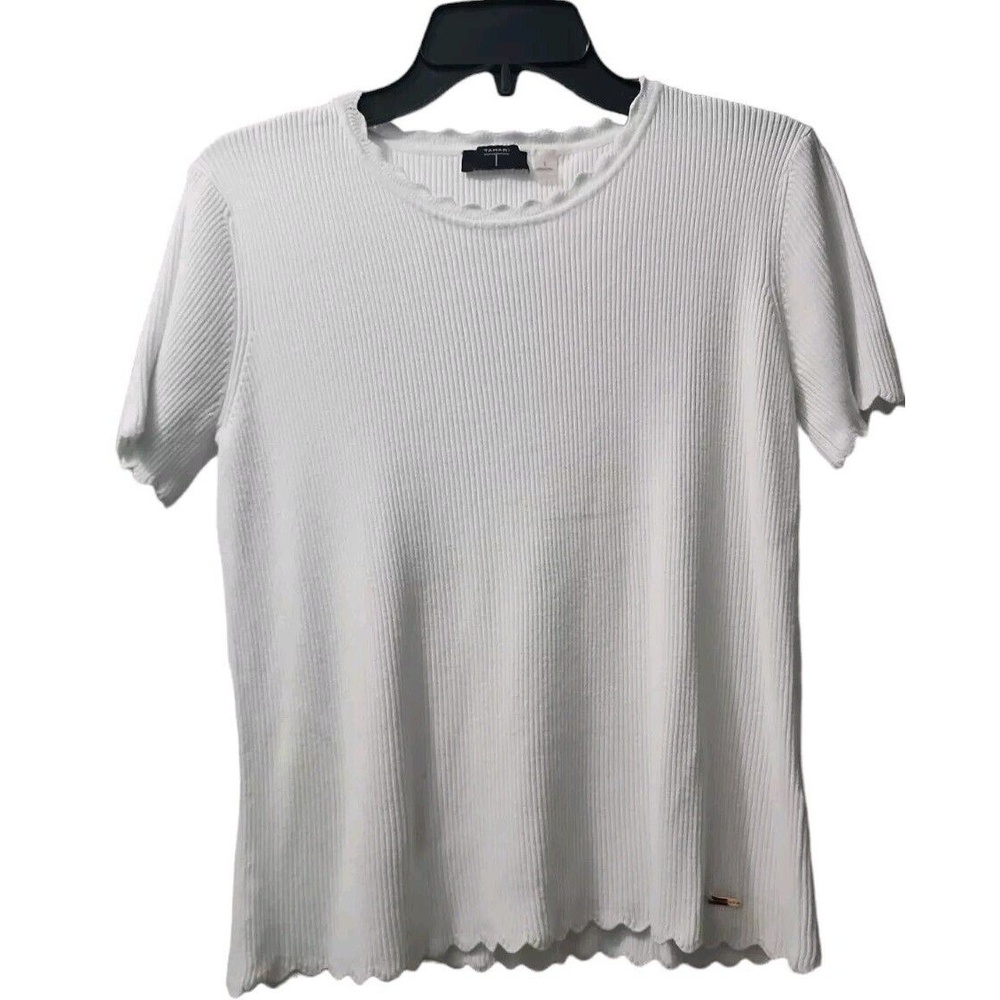 Tan Jay Ribbed Knit Top Scalloped Neck Short Sleeve Casual White Small